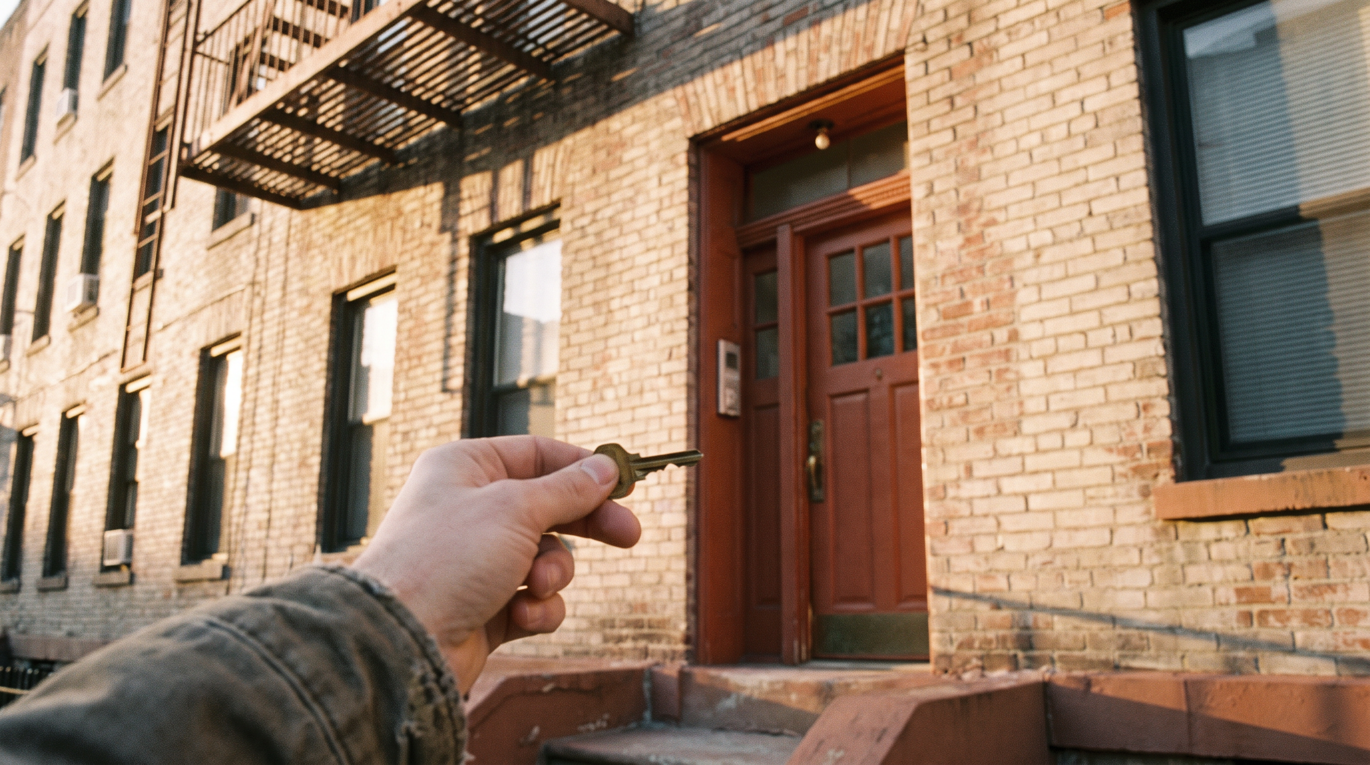 A hand holding a key in front of a brick apartment door