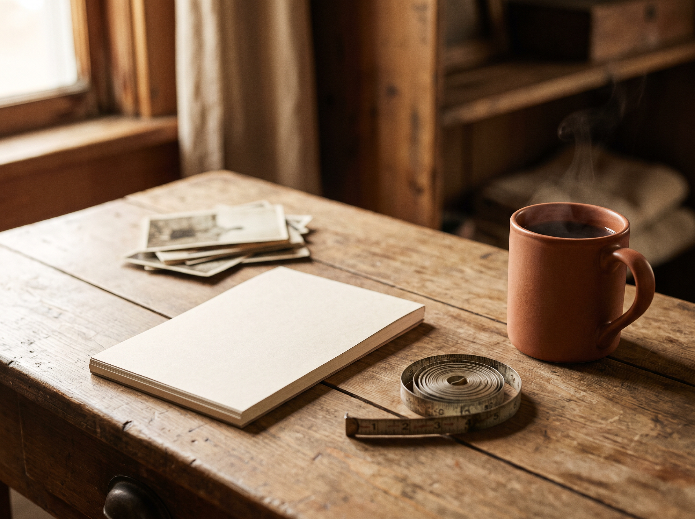 A notebook, measuring tape, and coffee on a wooden table